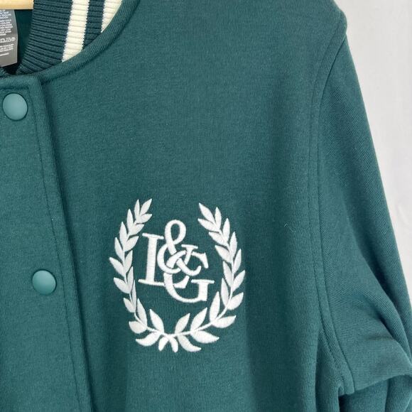 LOU & GREY Loft Crest Varsity Jacket Embroidered Bomber Green White Size L - Picture 3 of 8